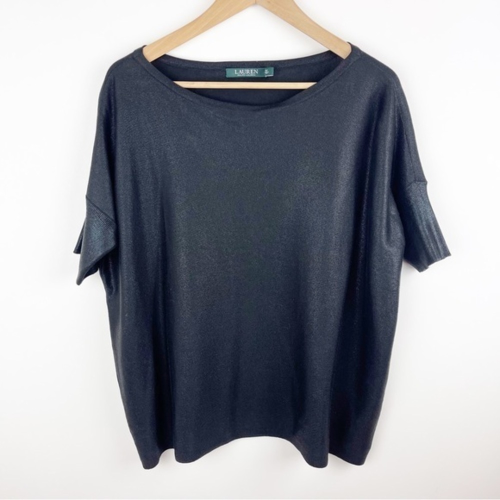 Lauren Ralph Lauren Black Shimmery Metallic Fabric Short Sleeve Top Size Small